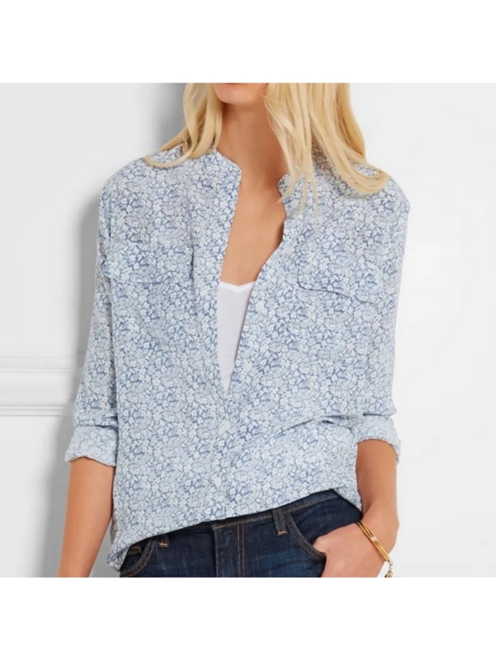 EQUIPMENT size M Blue White Floral Silk Blouse